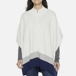 Liz Claiborne Poncho Sweater XL/XXL Full Zip Mock Neck Ivory Blue Gray Cape
